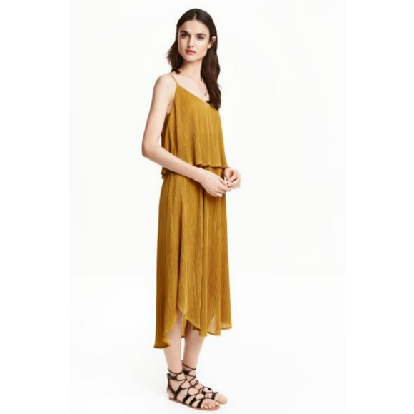 H&M Dresses & Skirts - H&M Pleated Gold Mustard Open Back Maxi Dress